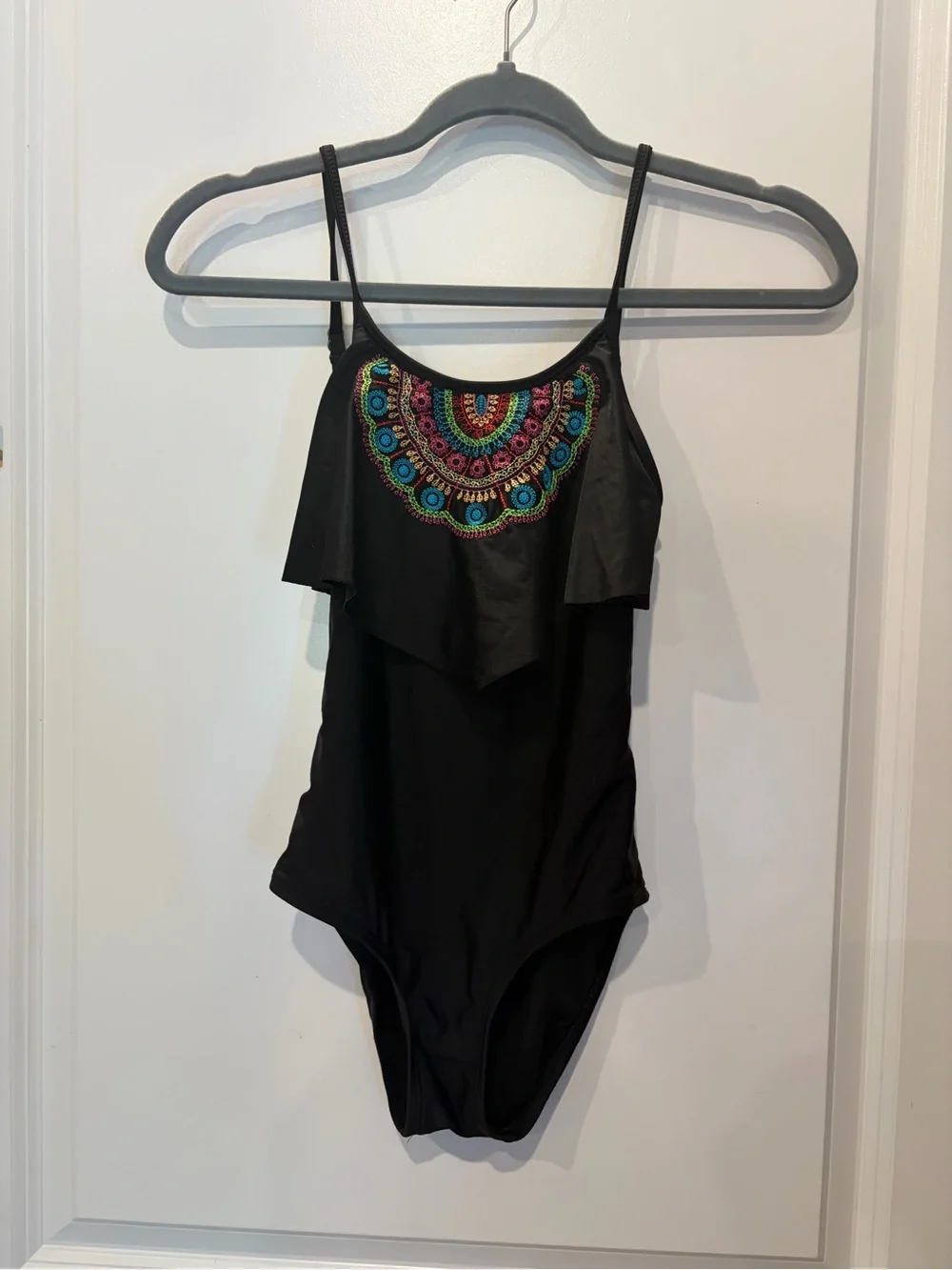 Black One-Piece Swimsuit with Colorful Embroidered Yoke
